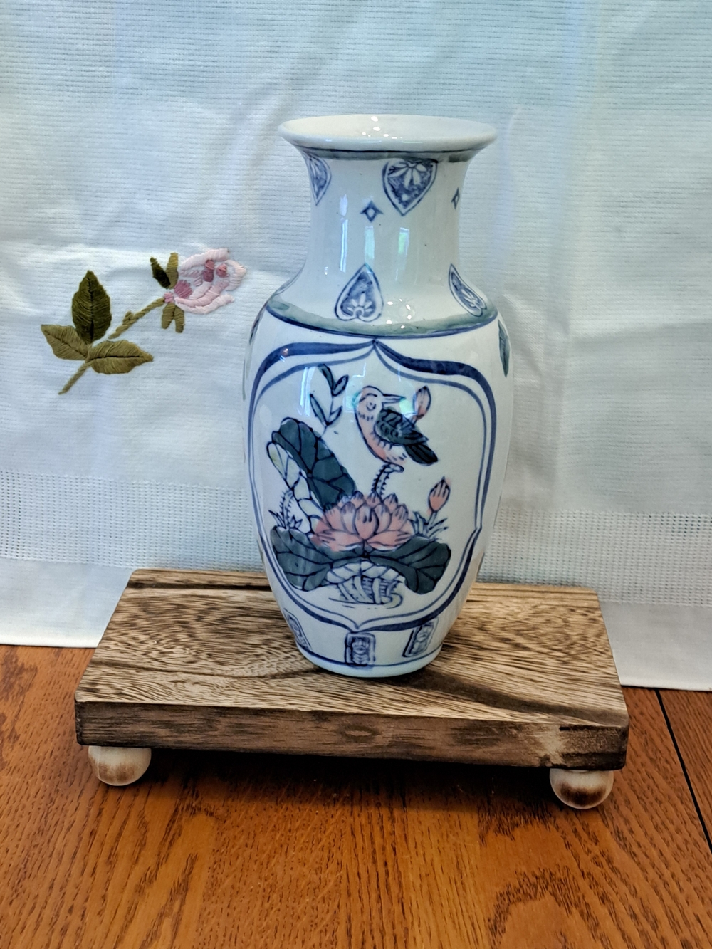 Blue and Pink Floral Bird Porcelain Vase